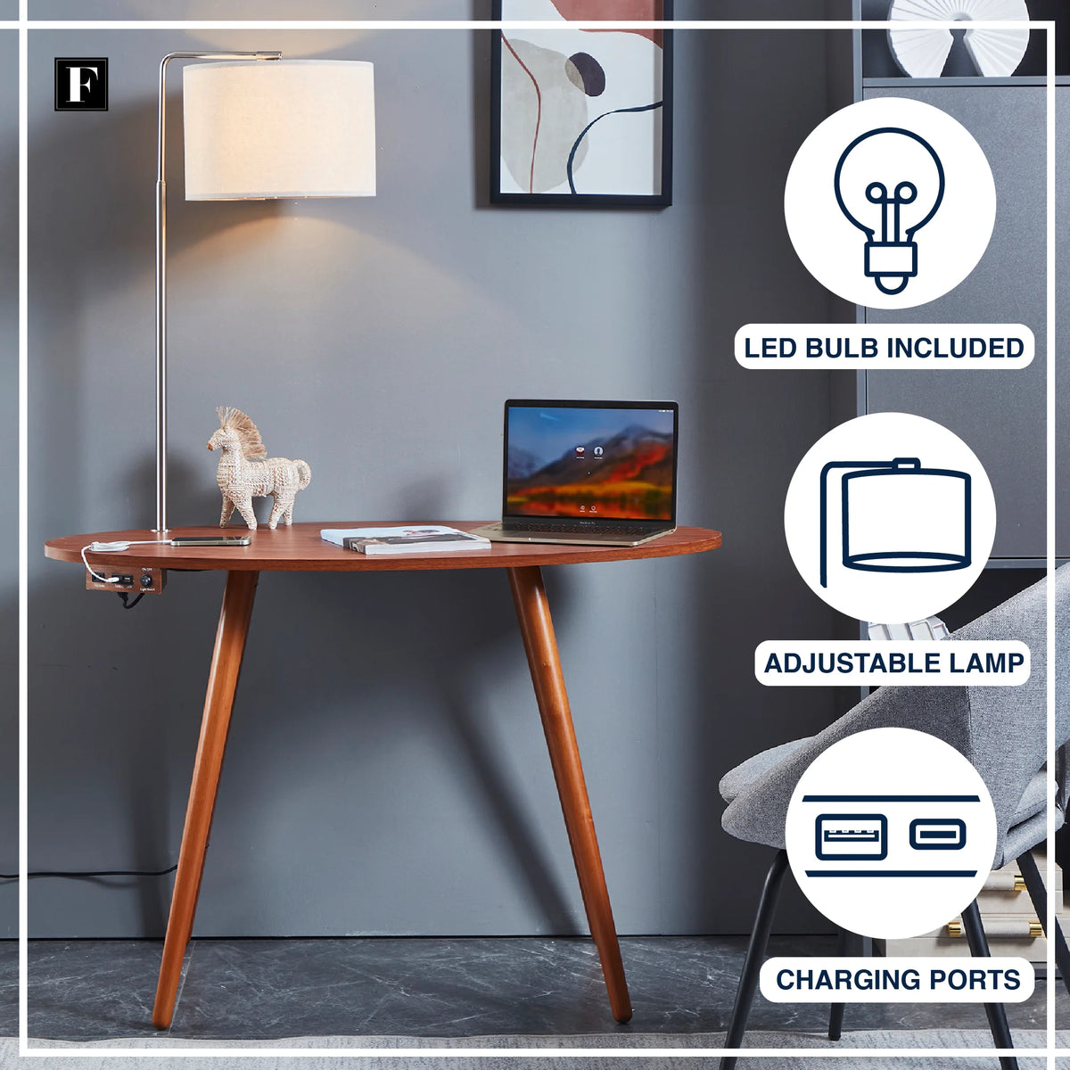 Oval Desk with USB-C Charging Station, 45.5", Walnut P898547