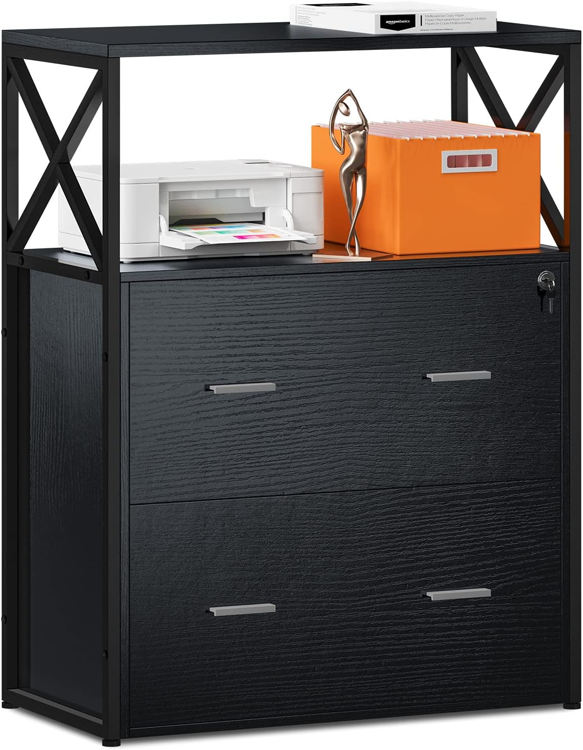 Black Wood Filing Cabinet with Lock and Big Drawers X79194