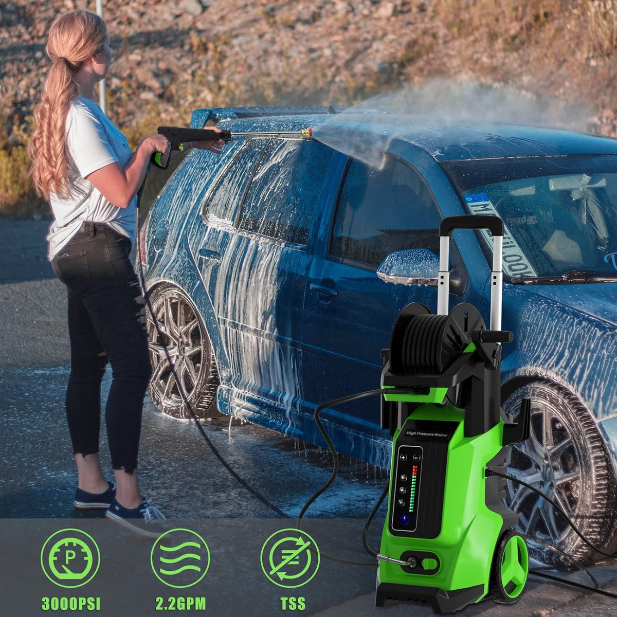 Electric Pressure Washer 3000 PSI 2.2 GPM with 4 Interchangeable Nozzles and Foam Cannon Hose Reel Q604813