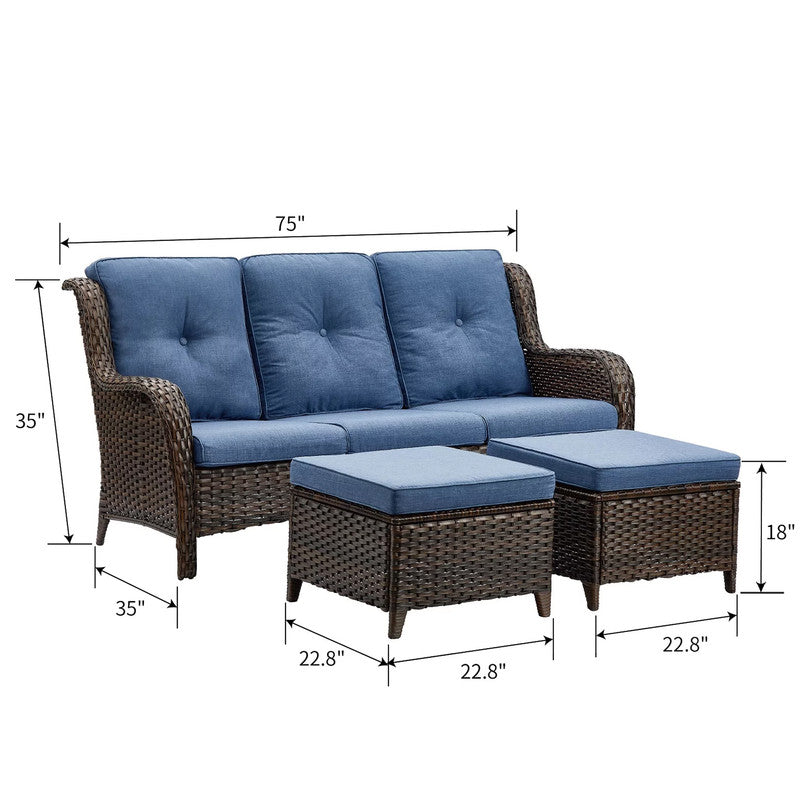 3-Piece Patio Conversation Set with Cushioned Sofa and Ottomans G665362