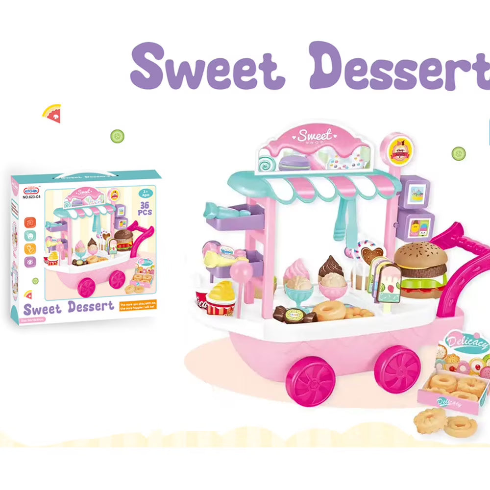Dessert Candy Trolley Kitchen Toy Set with Umbrella Food Dishes Kids Educational Pretend Play Cooking Truck L23638