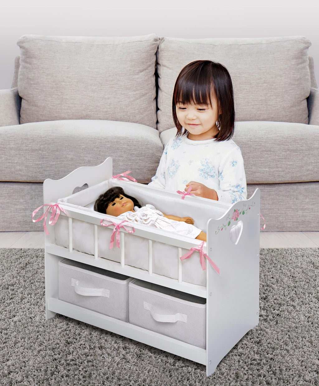 White Rose 100% Polyester Fabric Doll Crib with Two Baskets T96341