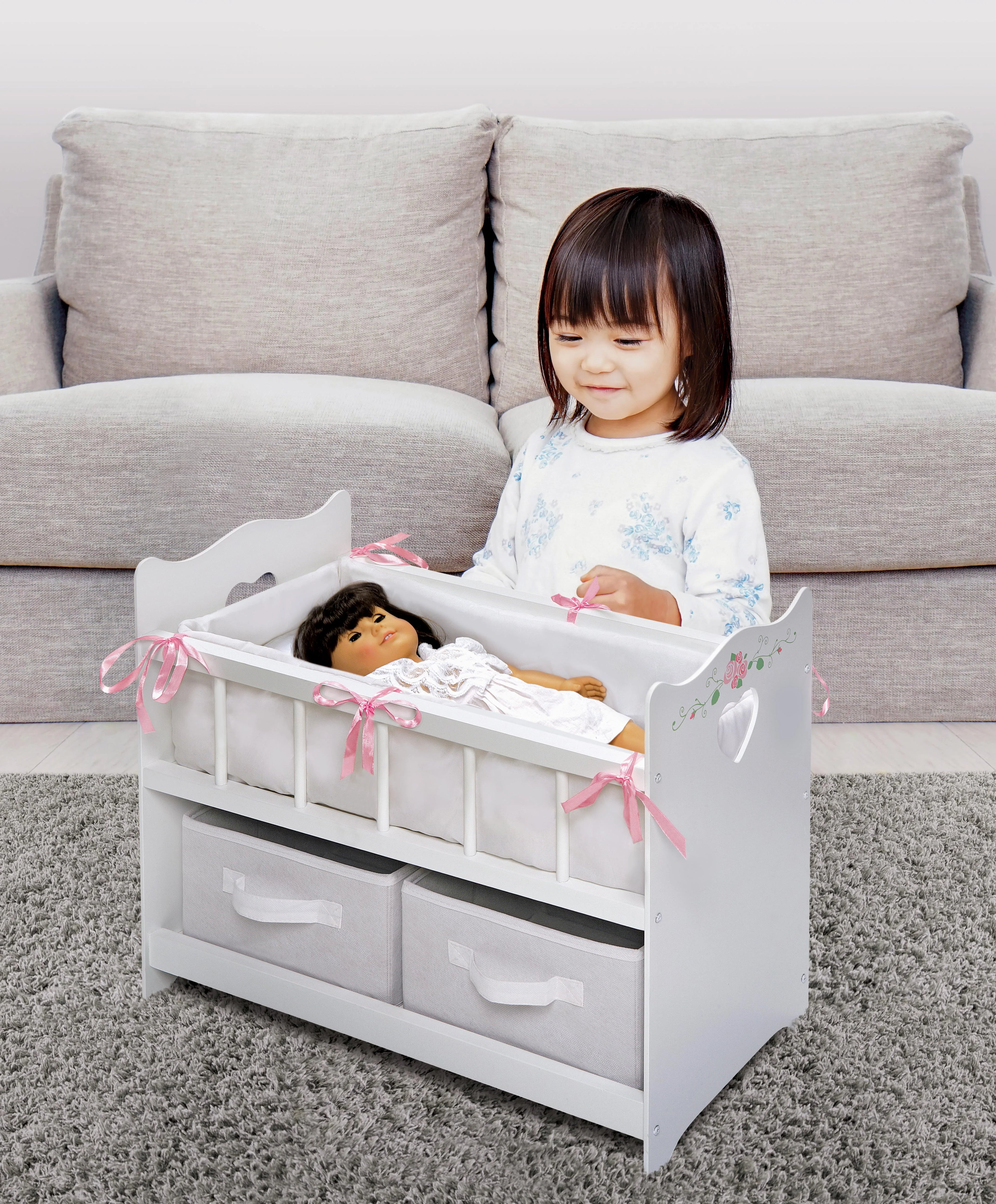 White Rose 100% Polyester Fabric Doll Crib with Two Baskets T96341