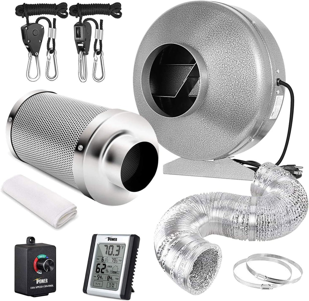 6 Inch 442 CFM Inline Fan Carbon Filter 16 Feet Ducting Combo with Variable Speed Controller Rope Hanger Temperature Humidity Monitor V3317