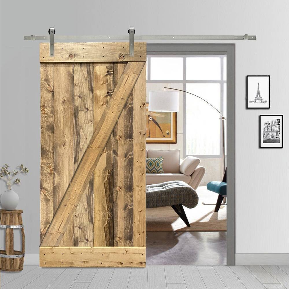 Weather Oak Stained Wood Interior Sliding Barn Door with Hardware Kit I421935