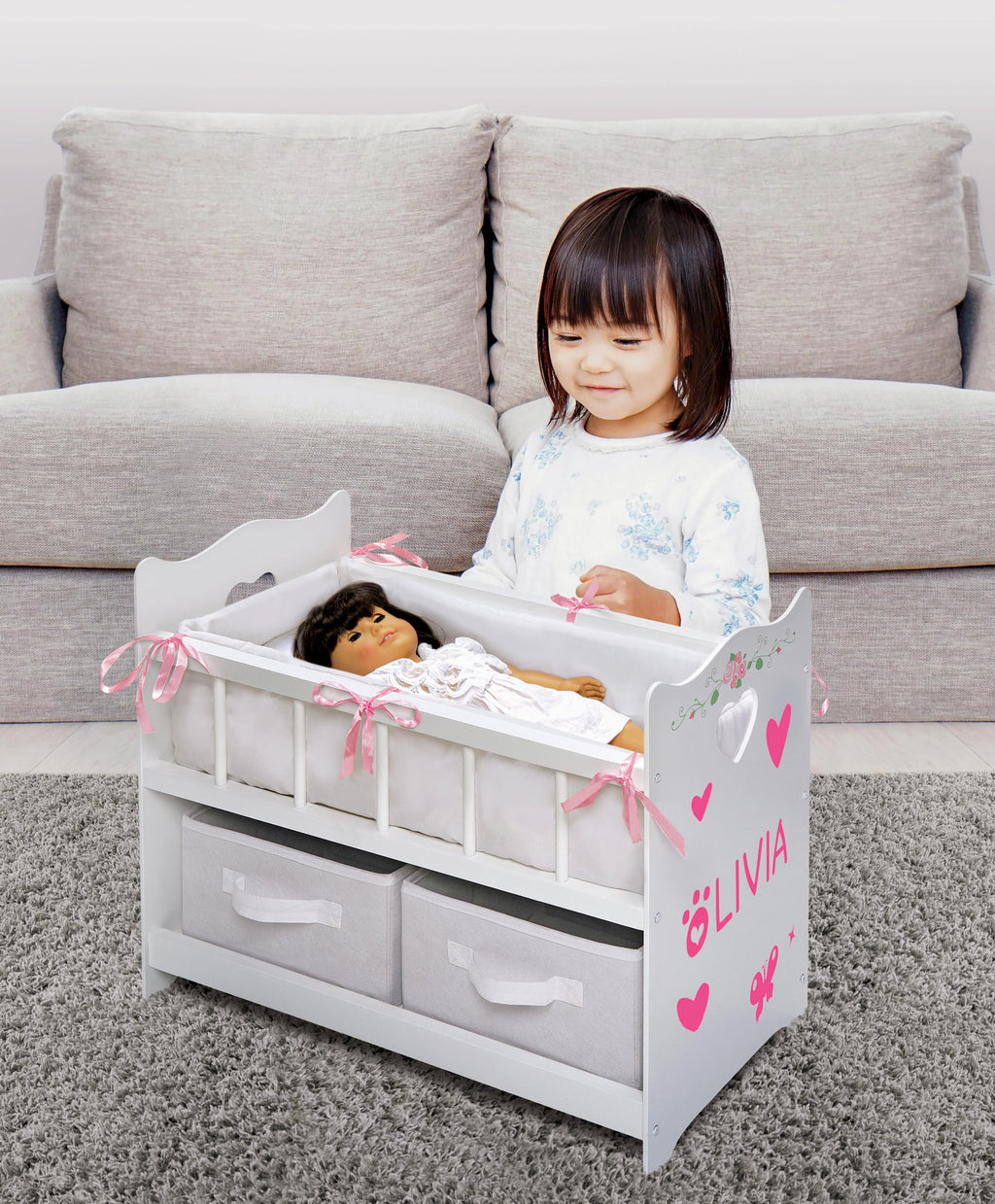 White Rose 100% Polyester Fabric Doll Crib with Two Baskets T96341