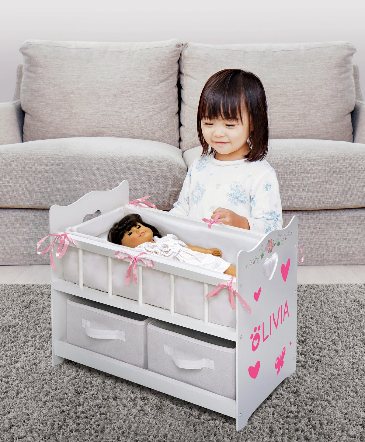 White Rose 100% Polyester Fabric Doll Crib with Two Baskets T96341
