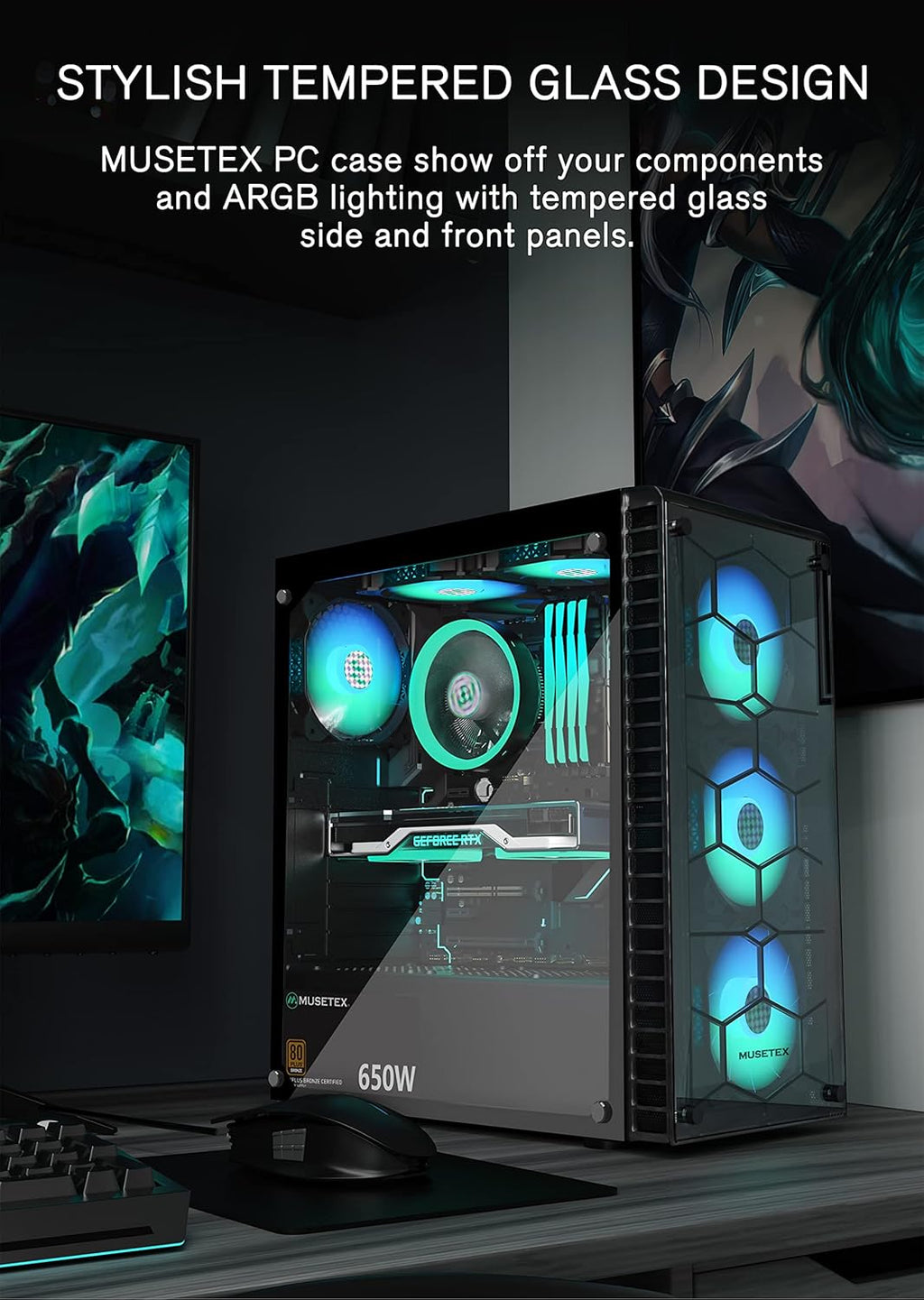 ATX Mid-Tower PC Case with 6 Pcs 120mm ARGB Fans, Tempered Glass, USB 3.0 C311