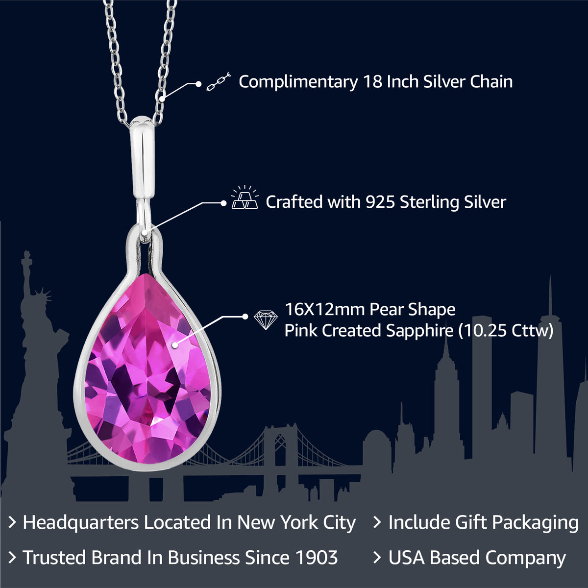 Pink Created Sapphire Pendant Necklace with 18 inch Silver Chain C379
