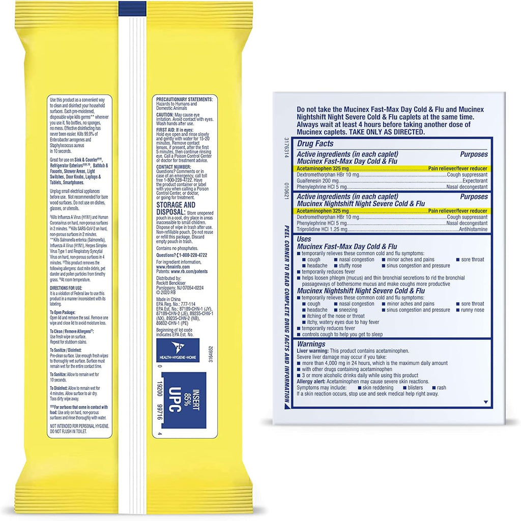 Lysol Disinfectant Cleaning Wipes, Lemon and Lime Blossom, 320 Count (Pack of 4) and Mucinex Fast-Max Day Cold & Flu & Night Severe All in One, 40 caplets (24 Daytime, 16 Nighttime) Pack of 2 G9538