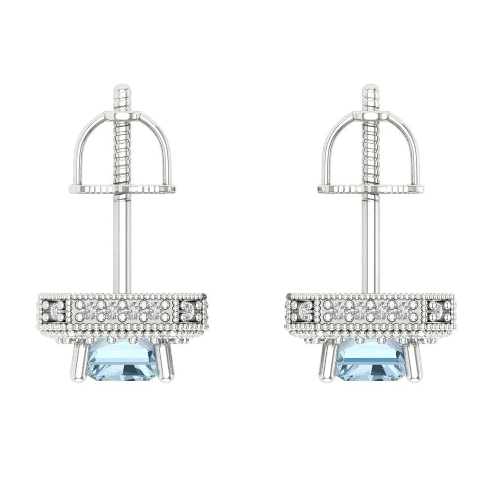 18K White Gold Blue Simulated Diamond Earrings Screw Back O696