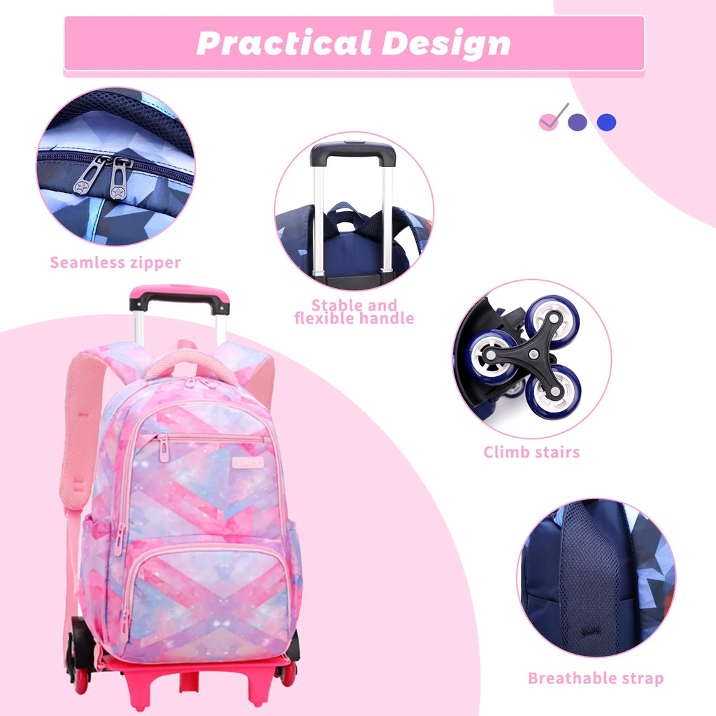 Pink Rolling Wheeled School Backpack O108932