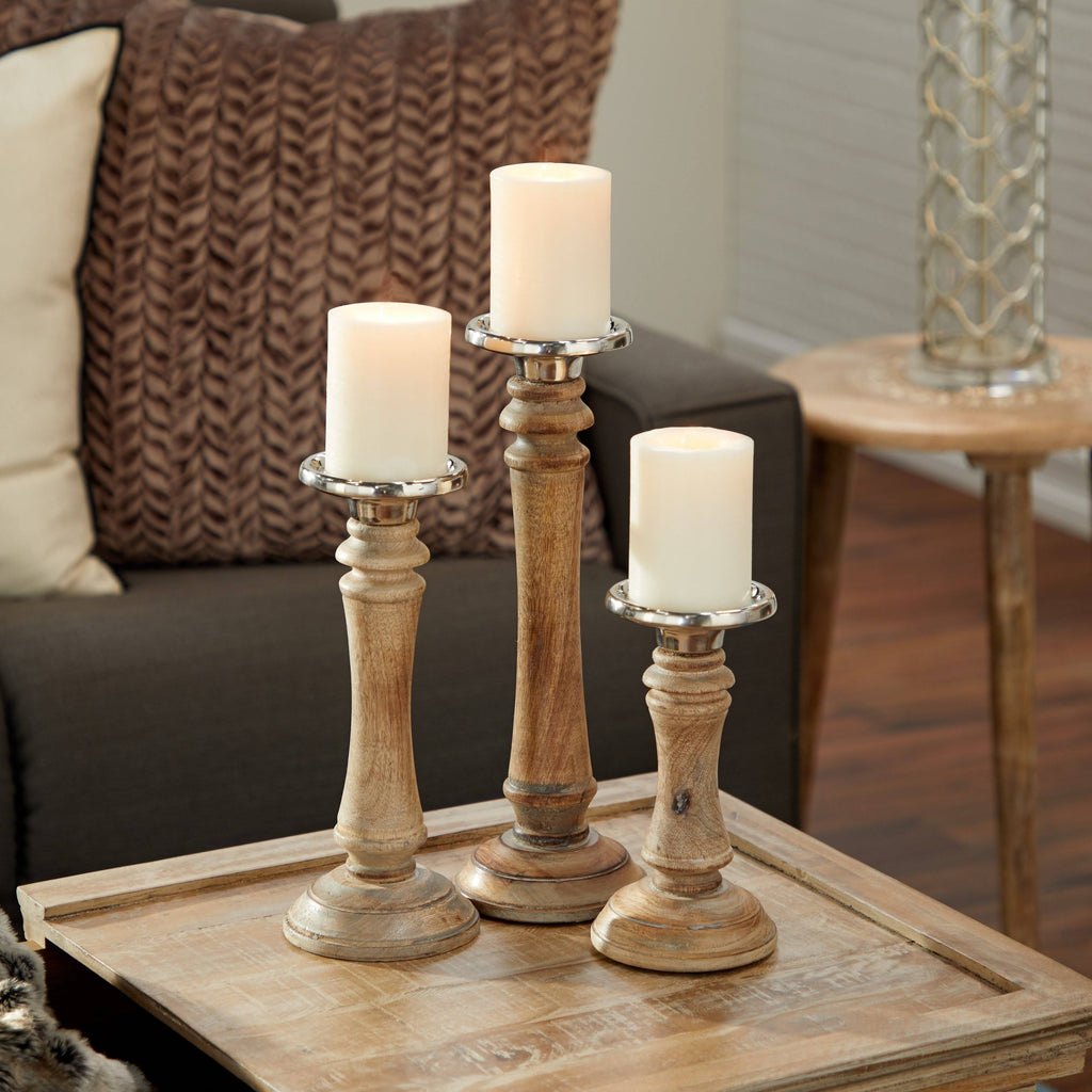 Brown Mango Wood Candle Holder Set of 3 Q56648