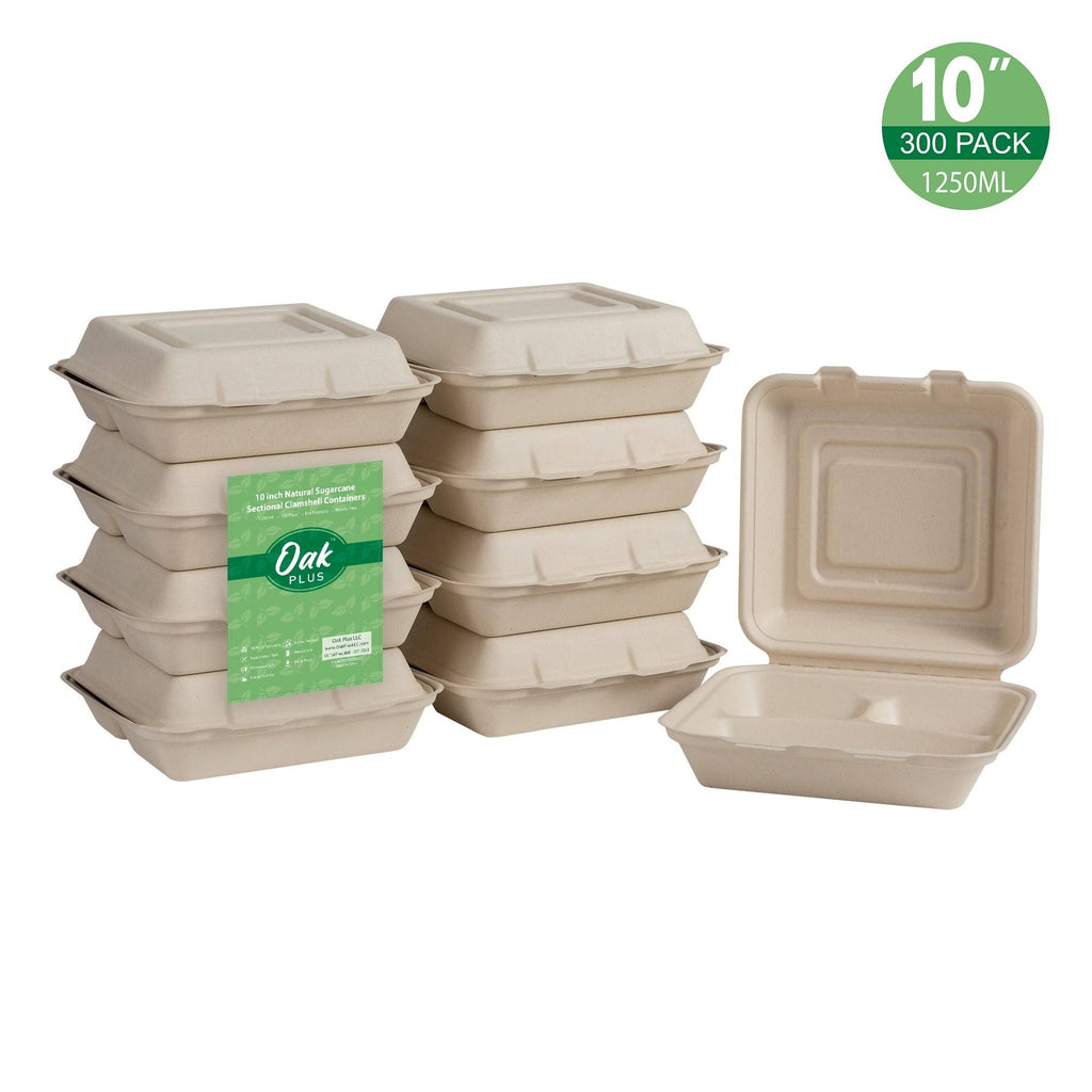 10 inch Natural Compostable Sugarcane Sectional Clamshell Containers, 300 Pack V630