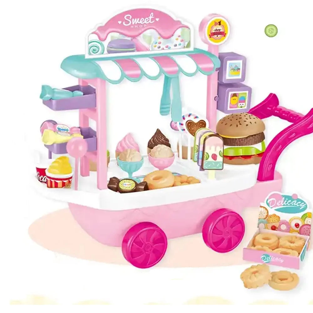 Dessert Candy Trolley Kitchen Toy Set with Umbrella Food Dishes Kids Educational Pretend Play Cooking Truck L23638