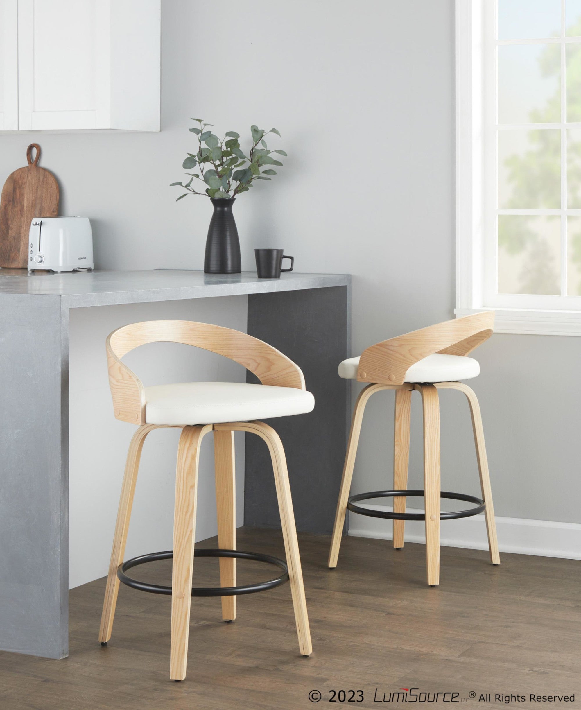 26" Counter Stool with Swivel in Natural Wood and White Faux Leather with Round Black Metal Footrest - Set of 2 V19395