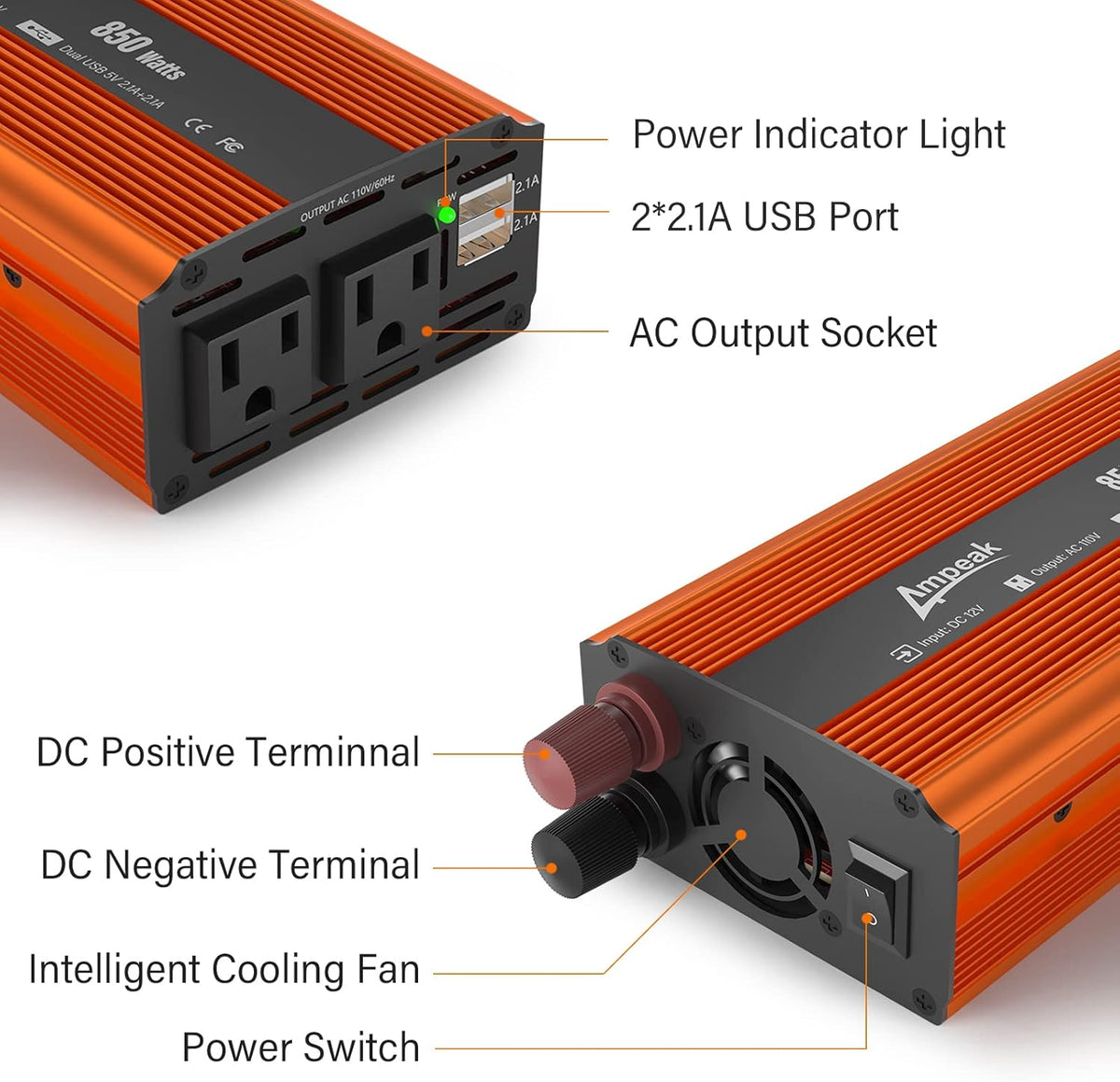 850W Car Power Inverter 12V to 110V 2 USB Ports 2 AC Outlets Pack of 2 N878