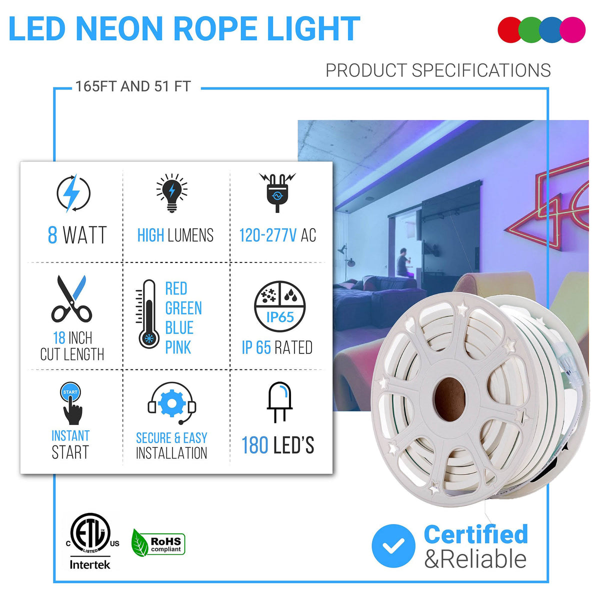 Blue LED Neon Rope Light, 51ft, IP65 Z698