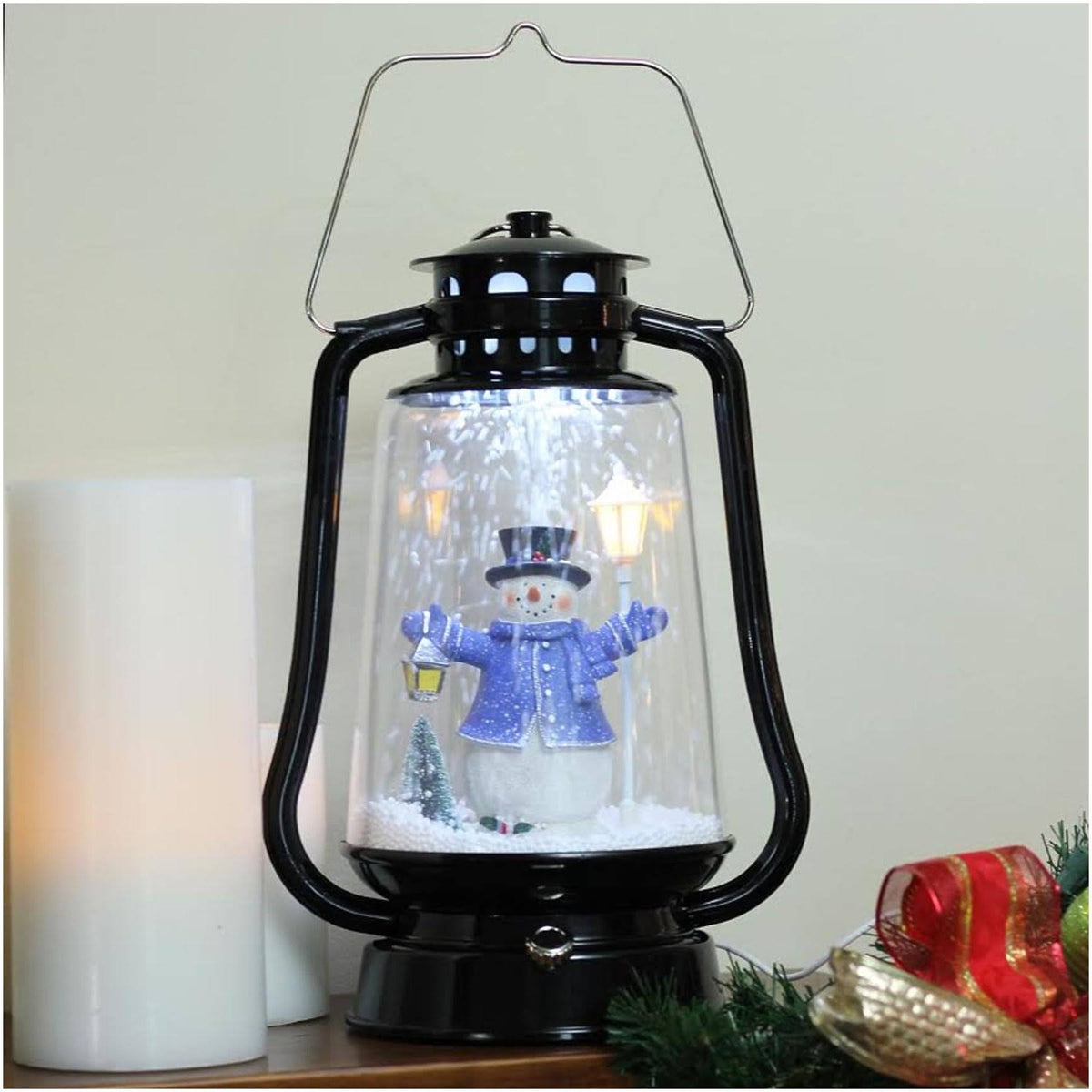 Black Lighted Musical Snowman Snowing Christmas Table Top Lantern Z53307