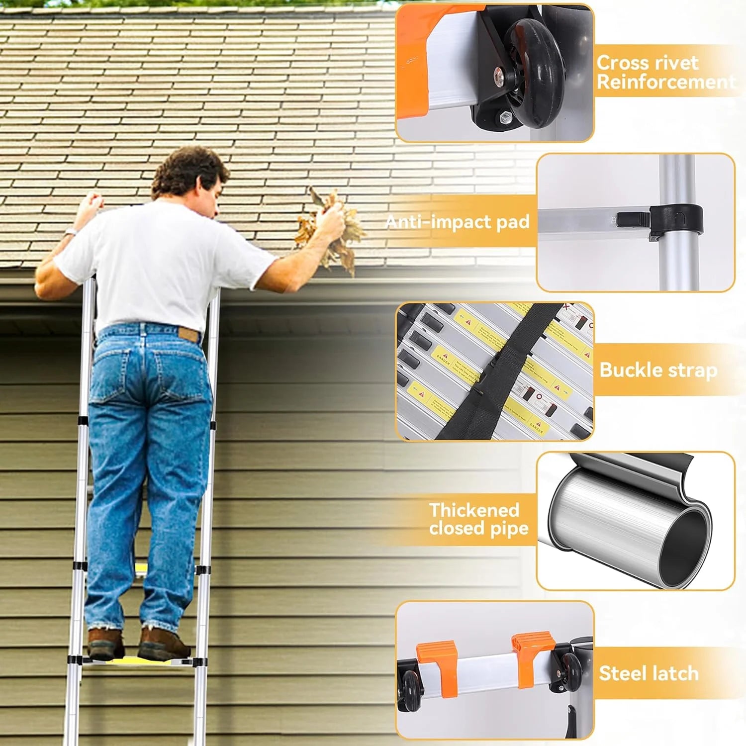 20.3FT Aluminum Telescoping Ladder with Triangle Stabilizers & Detachable Hooks, 330lbs Capacity M844