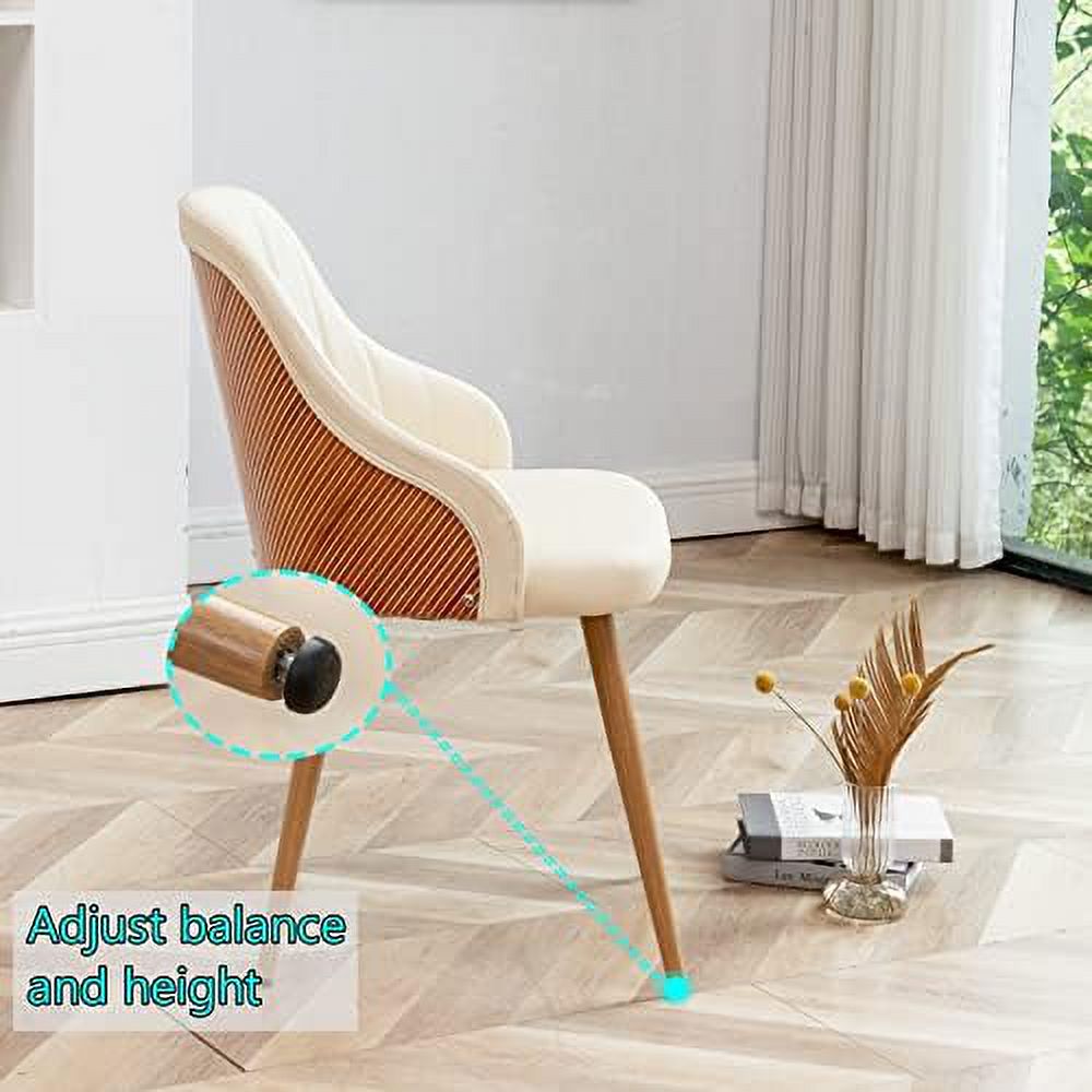 Beige Leather Upholstered Accent Arm Desk Chairs Set of 2 with Metal Legs and Bamboo Back F290