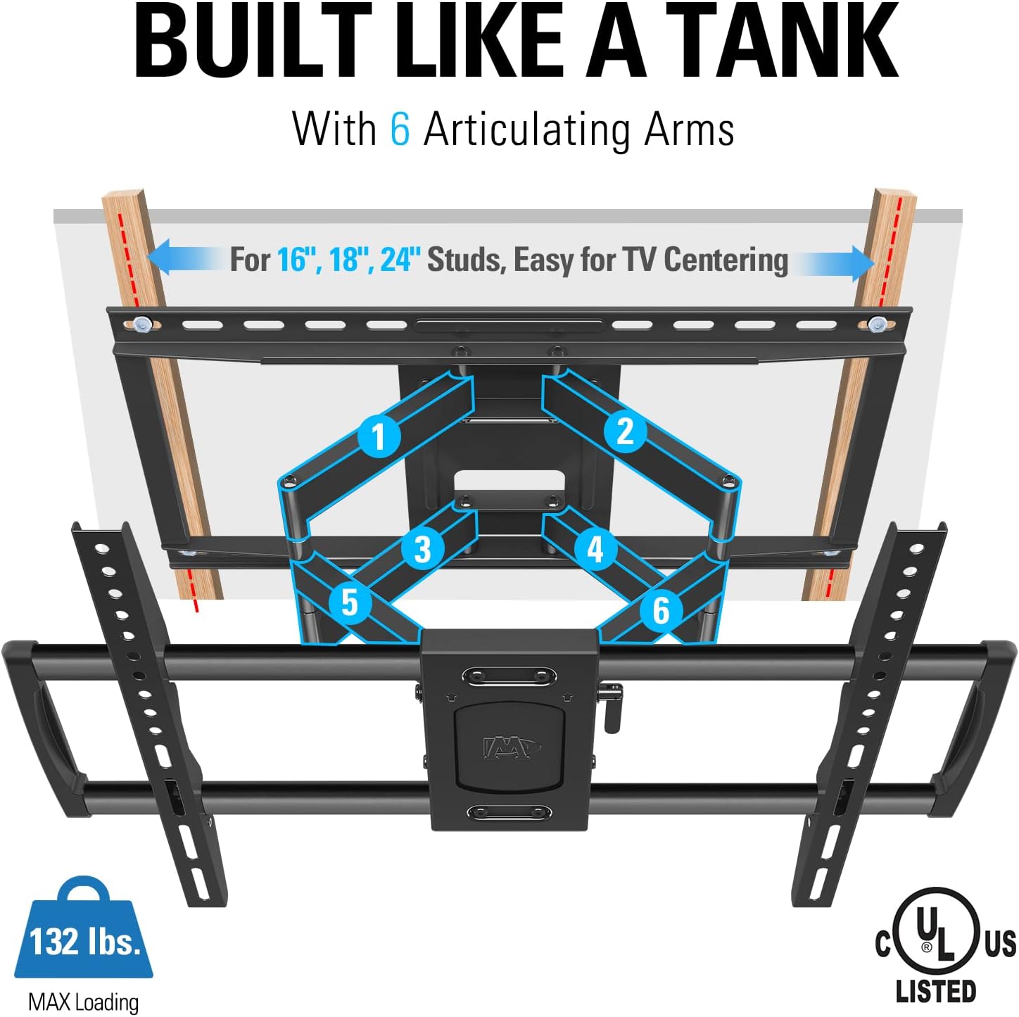 Full Motion TV Wall Mount Bracket for 42-75 Inch TVs, Max VESA 600x400mm, 132 lbs L704