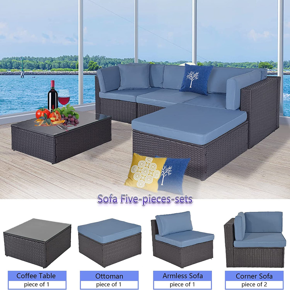 Outdoor Patio Furniture Sets Sectional Wicker Couch Conversation Sofa Seating 5PCS E962700