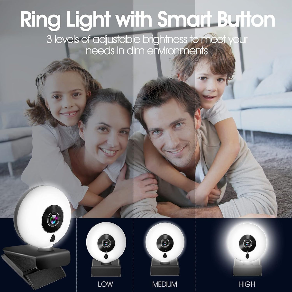 2K HD Webcam with Microphone, LED Ring Light, Privacy Cover, Flexible Tripod, Autofocus USB Computer Camera E533
