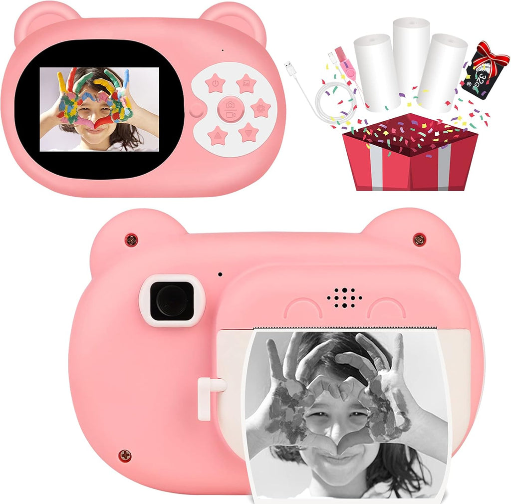 Blue Zero Ink Kids Digital Camera with 3 Rolls Print Paper 32GB SD Card J92212
