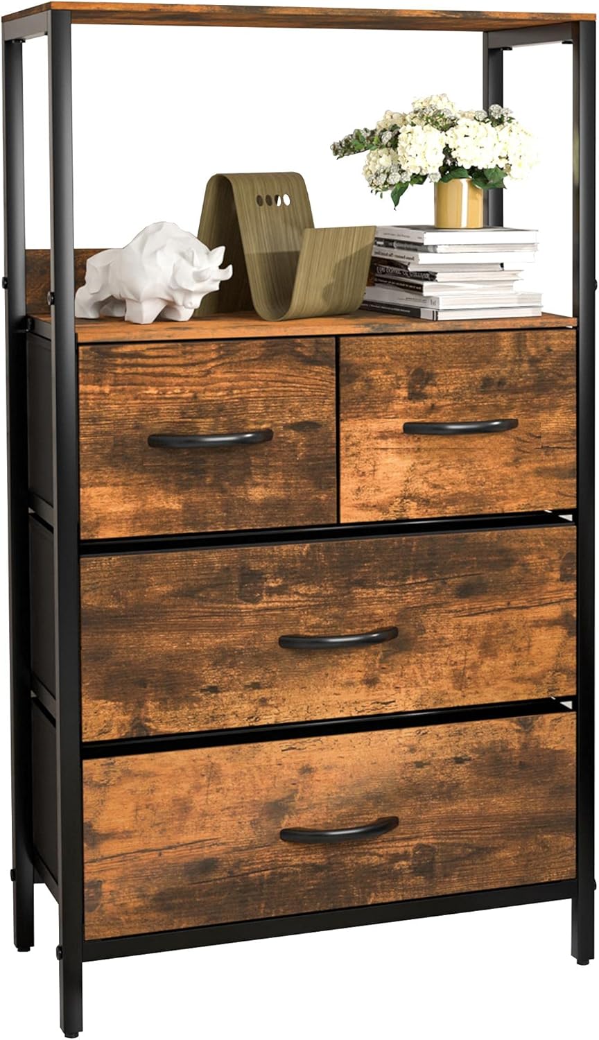 Vertical 4 Drawer Fabric Dresser with Wood Shelf R7802
